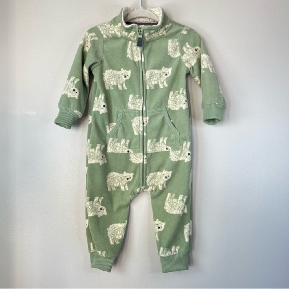 NWOT Carter's Baby 9M Soft Green Polar Bear One-Piece Fleece Front-Zip Bodysuit
